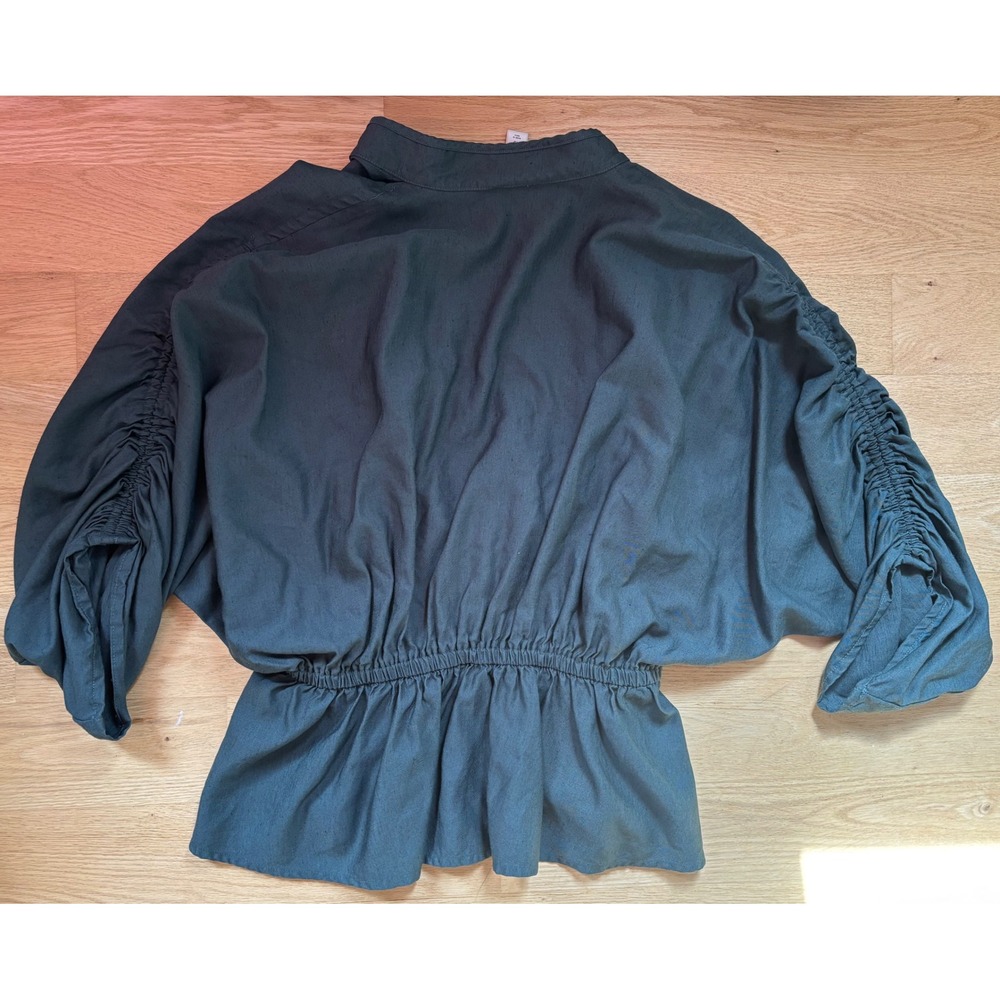 Maeve Anthropologie Dark Green Linen Blend Ruched Sleeve Peplum Blouse XS Earthy - Picture 8 of 8